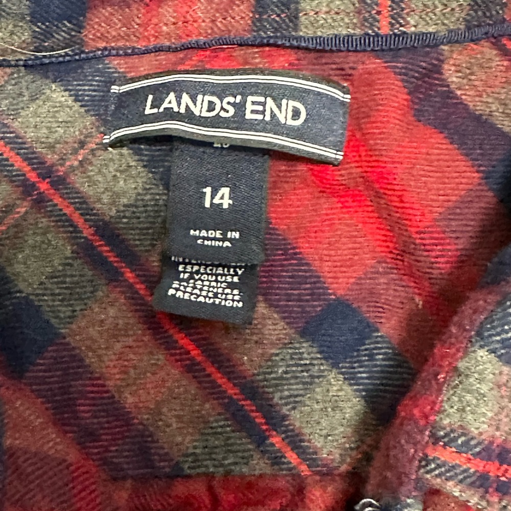 Women’s Lands End 14 Large Flannel Shirt Plaid Blue Red Long Sleeve Button - Picture 7 of 8